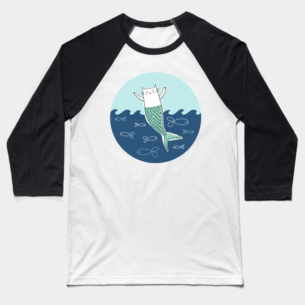 Mermaid Cat Baseball T-Shirt by HappyCatPrints